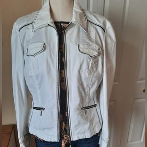 White Women's Zip-Front Jacket with Contrast Stitching